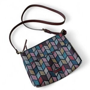 Fossil Multi Color Geometric Chevron Crossbody Bag Burgundy Strap ZB7301